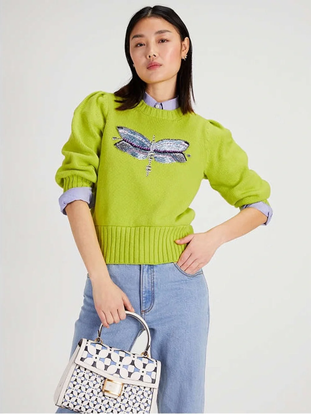 KATE SPADE Dragonfly Embellished Beaded Cotton Knit Sweater In Lime Zest - XS